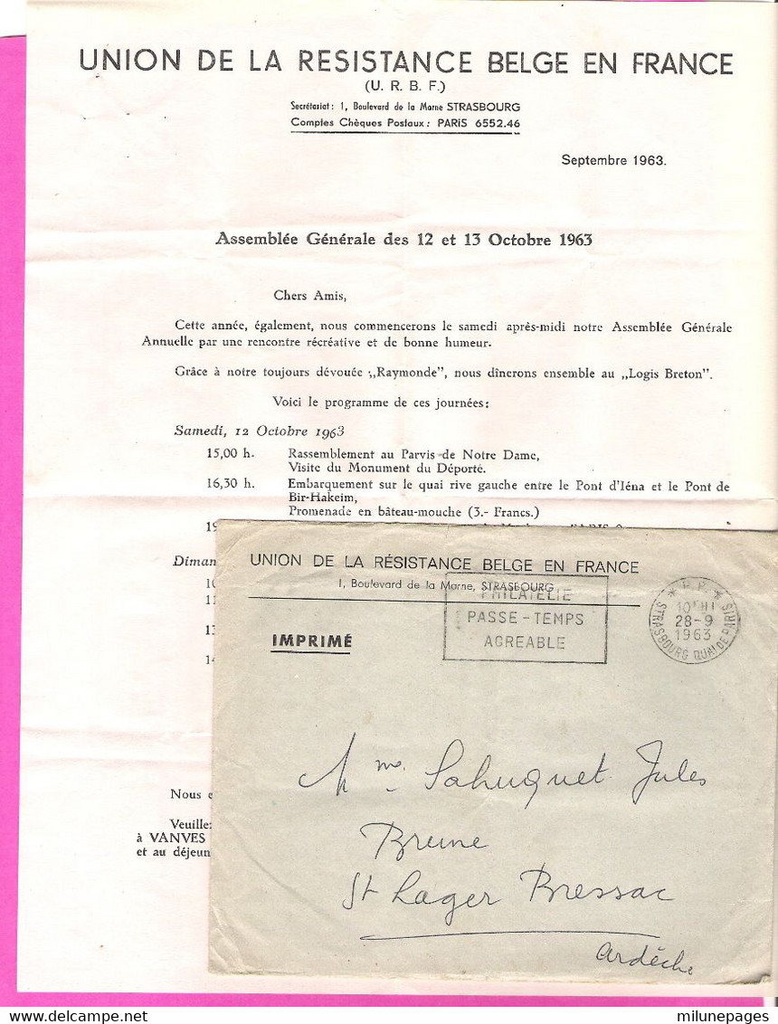 Enveloppe Et Lettre à En-Tête De L'Union De La Résistance Belge En France En 1963 + Flamme Philatélie Strasbourg PP - Autres & Non Classés