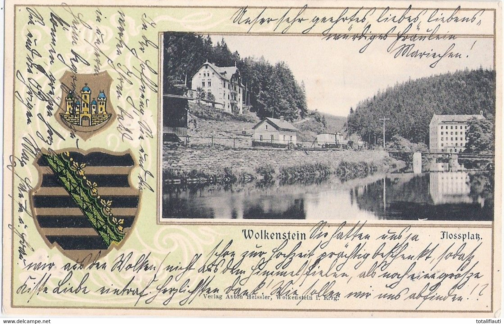 WOLKENSTEIN Erzgebirge Passepartout Gold Prägedruck Mit Wappen- Floss Platz 1.2.1910 Gelaufen - Wolkenstein