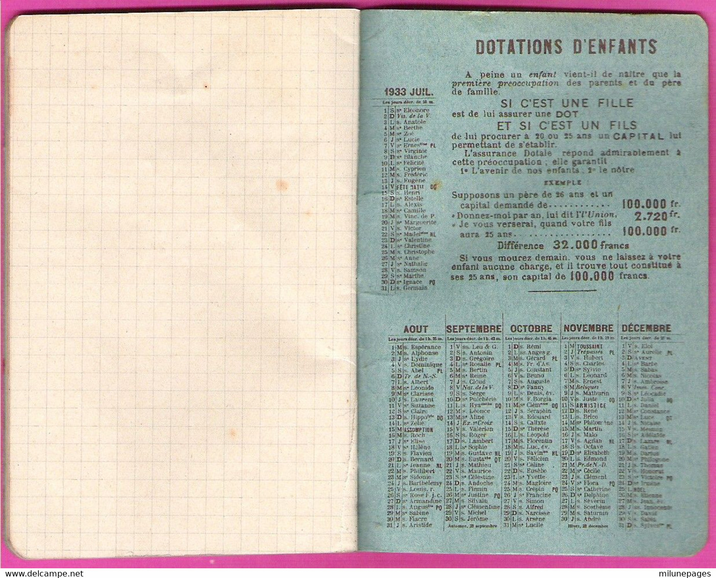 Calendrier Carnet 1933 Offert Par La Compagnie D'Assurances L'Union - Petit Format : 1921-40