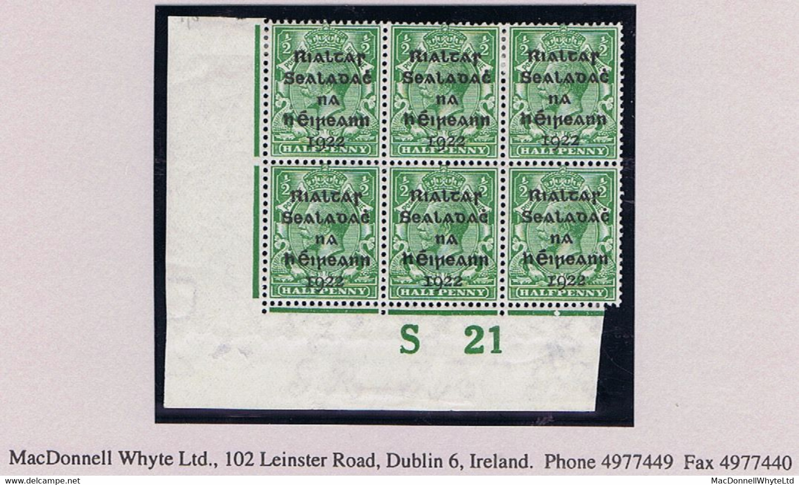 Ireland 1922 Dollard Rialtas Black Ovpt On ½d Green, Control S21 Imperf, Corner Block Of 6 Mint - Unused Stamps