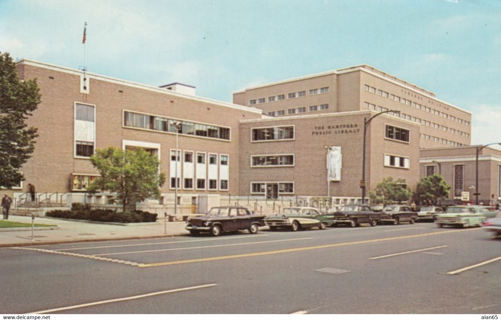 Hartford Connecticut, Public Library Building On Main Street, Autos  C1950s Vintage Postcard - Hartford