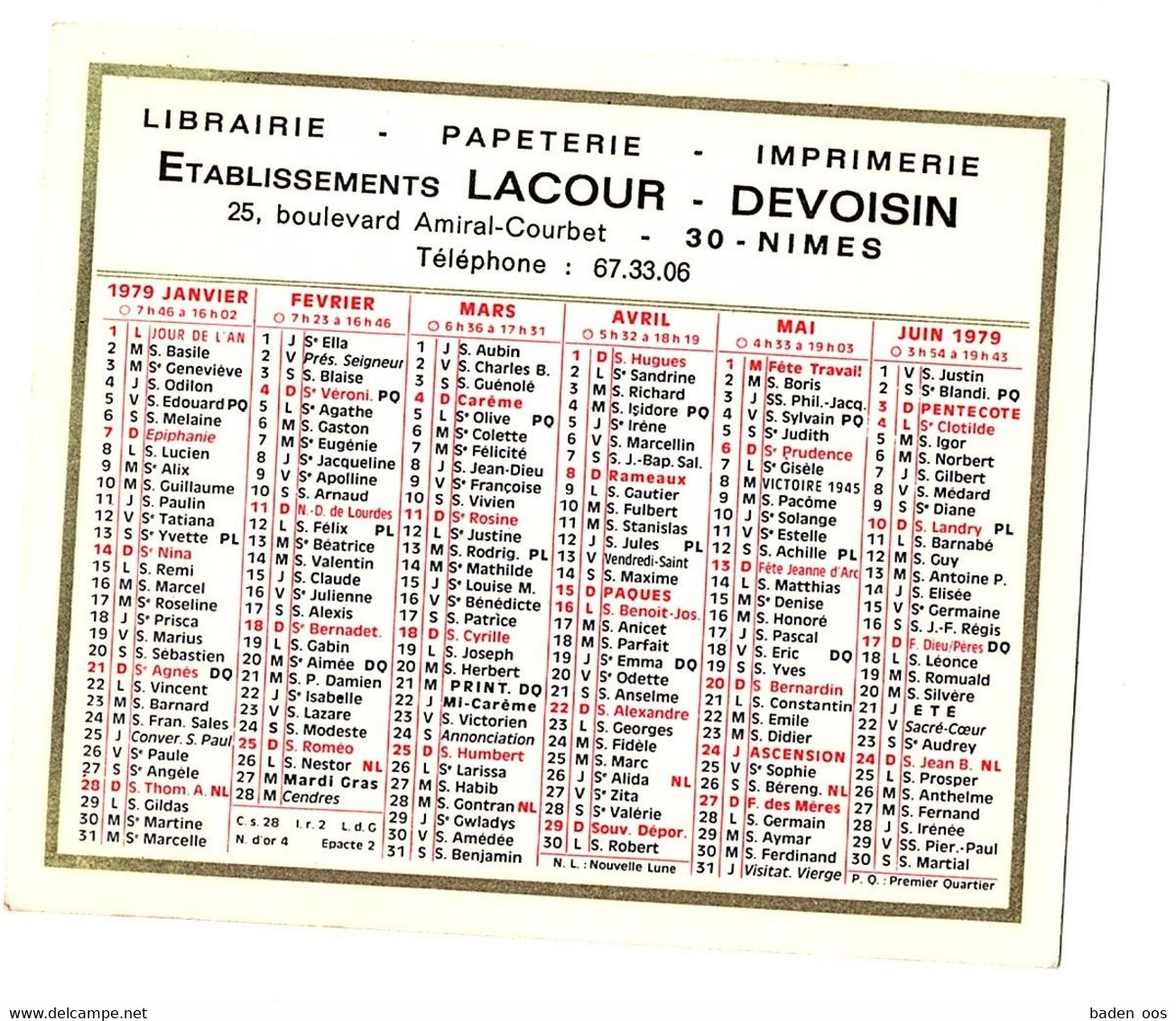 Calendrier Etablissemnt Lacour Devoisin 1979 - Small : 1971-80