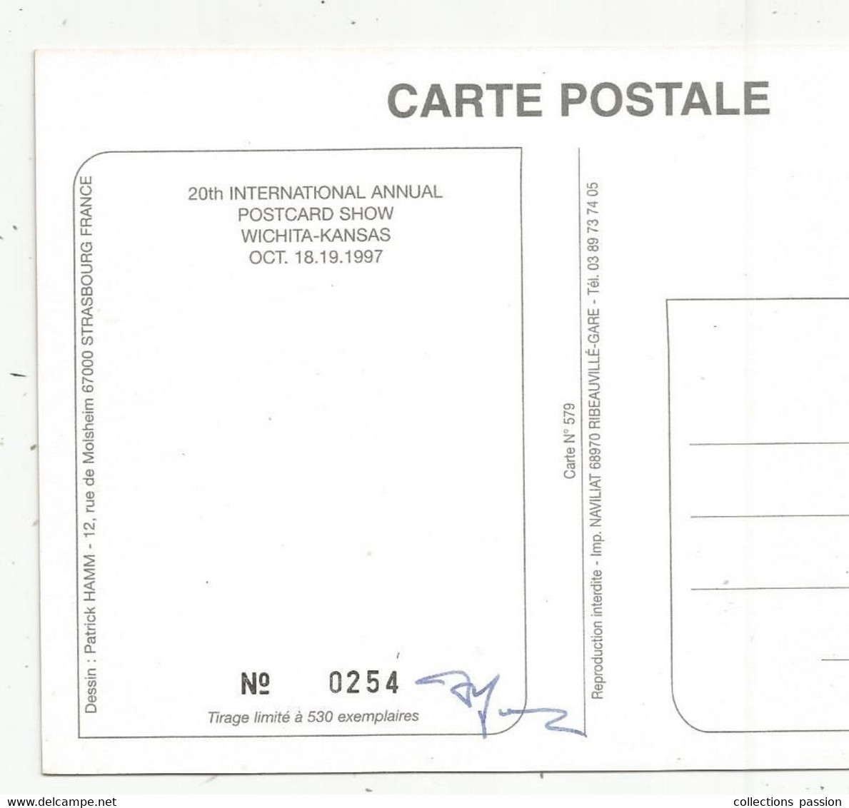 Cp, Illustrateur,signée Et Dédicacée HAMM, 20 Annual Postcard Show ,WICHITA - KANSAS , 1997 - Hamm