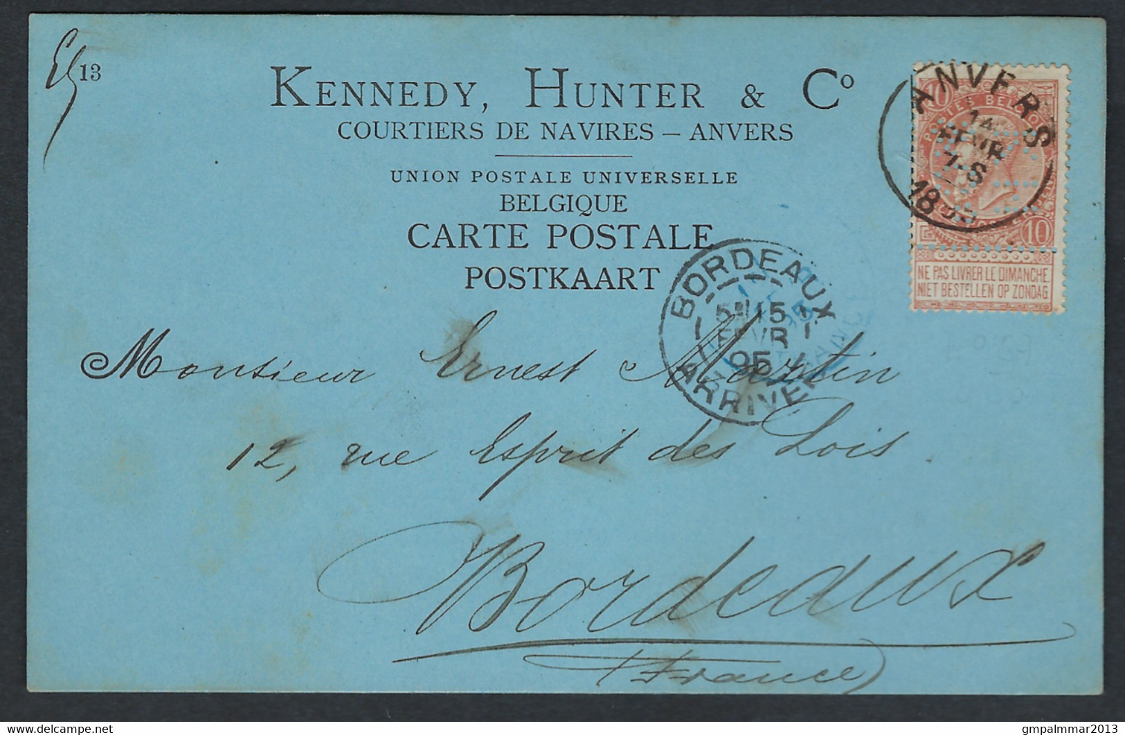 Postkaart Met Nr. 57 PERFO / PERFIN - KH / & C° Kennedy Hunter & C° - Courtiers De Navires - ANVERS ; Zie 3 Scans ! - 1863-09