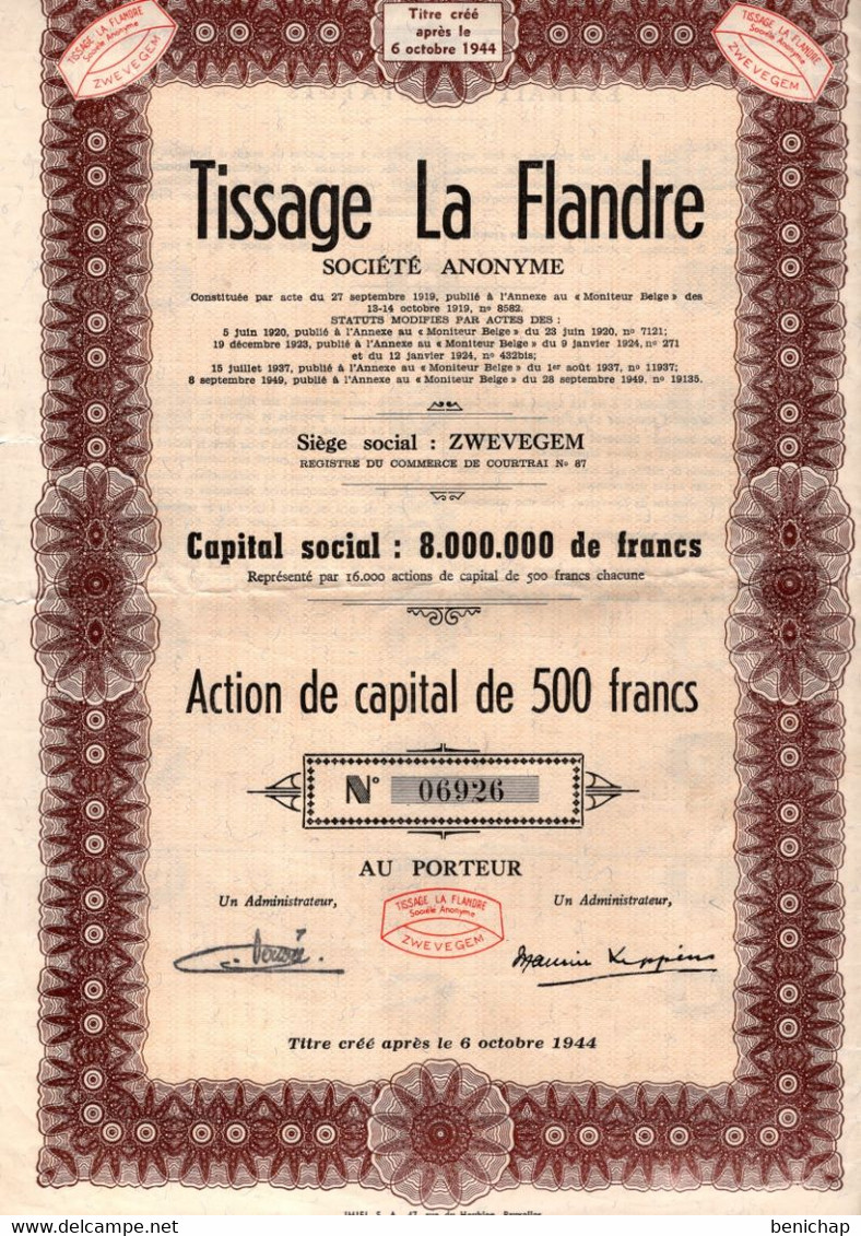 Action De Capital De 500 Frcs Au Porteur - Tissage La Flandre S.A. - Zwevegem 1949. - Textile