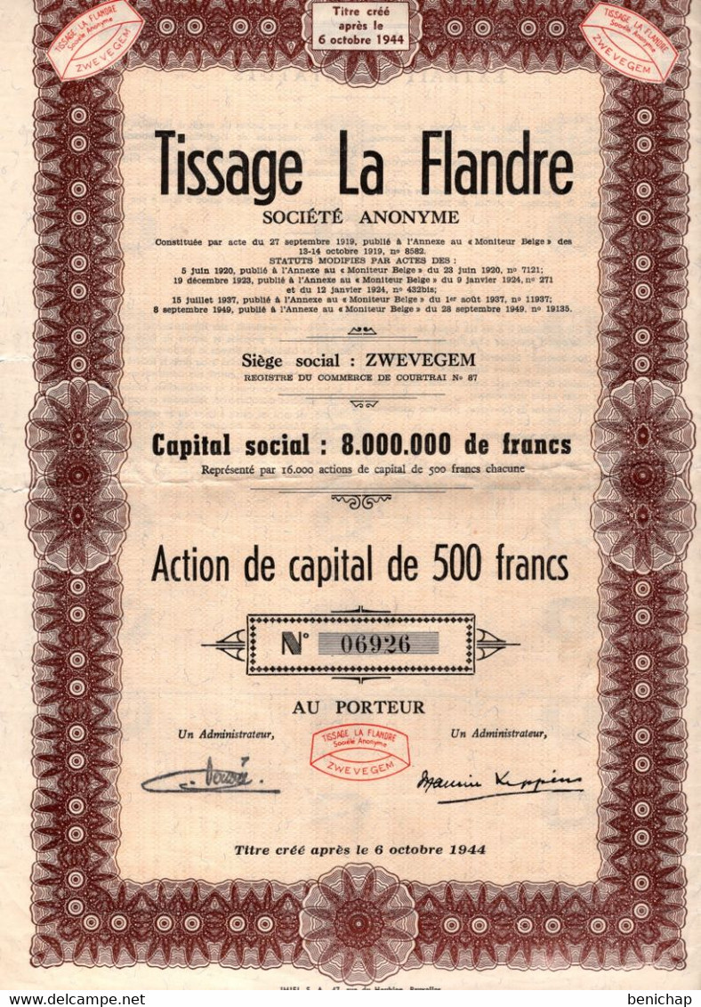 Action De Capital De 500 Frcs Au Porteur - Tissage La Flandre S.A. - Zwevegem 1949. - Textiel