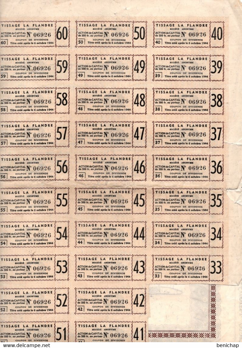 Action De Capital De 500 Frcs Au Porteur - Tissage La Flandre S.A. - Zwevegem 1949. - Tessili
