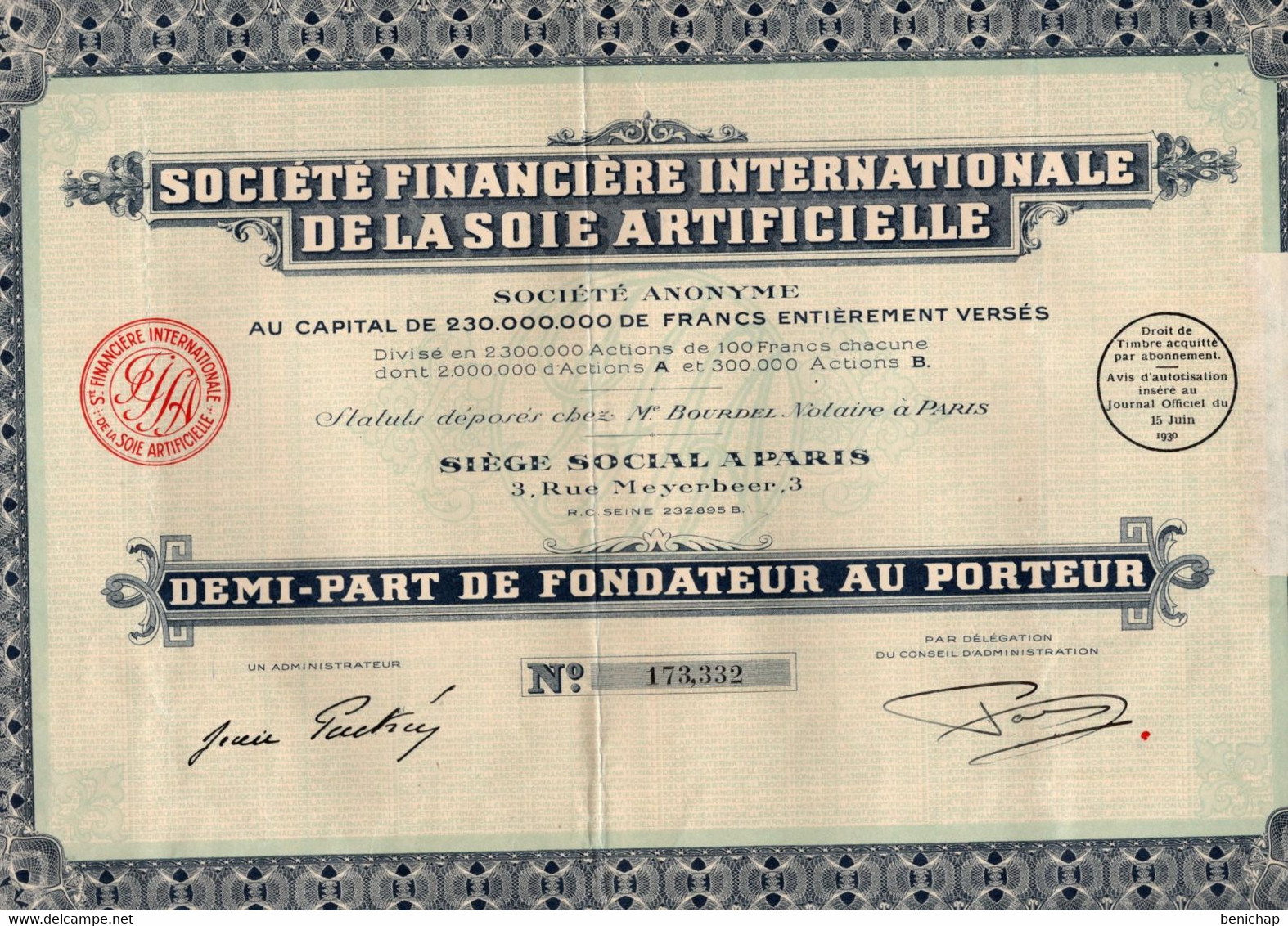 Demi-Part De Fondateur Au Porteur - Société Internationale De La Soie Artificielle S.A. - PARIS 1930. - Tessili