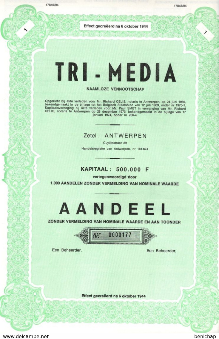 Aandeel Zonder Vermelding Van Nominale Waarde En Aan Toonder - Tri-Media - Antwerpen 1974. - Industrie