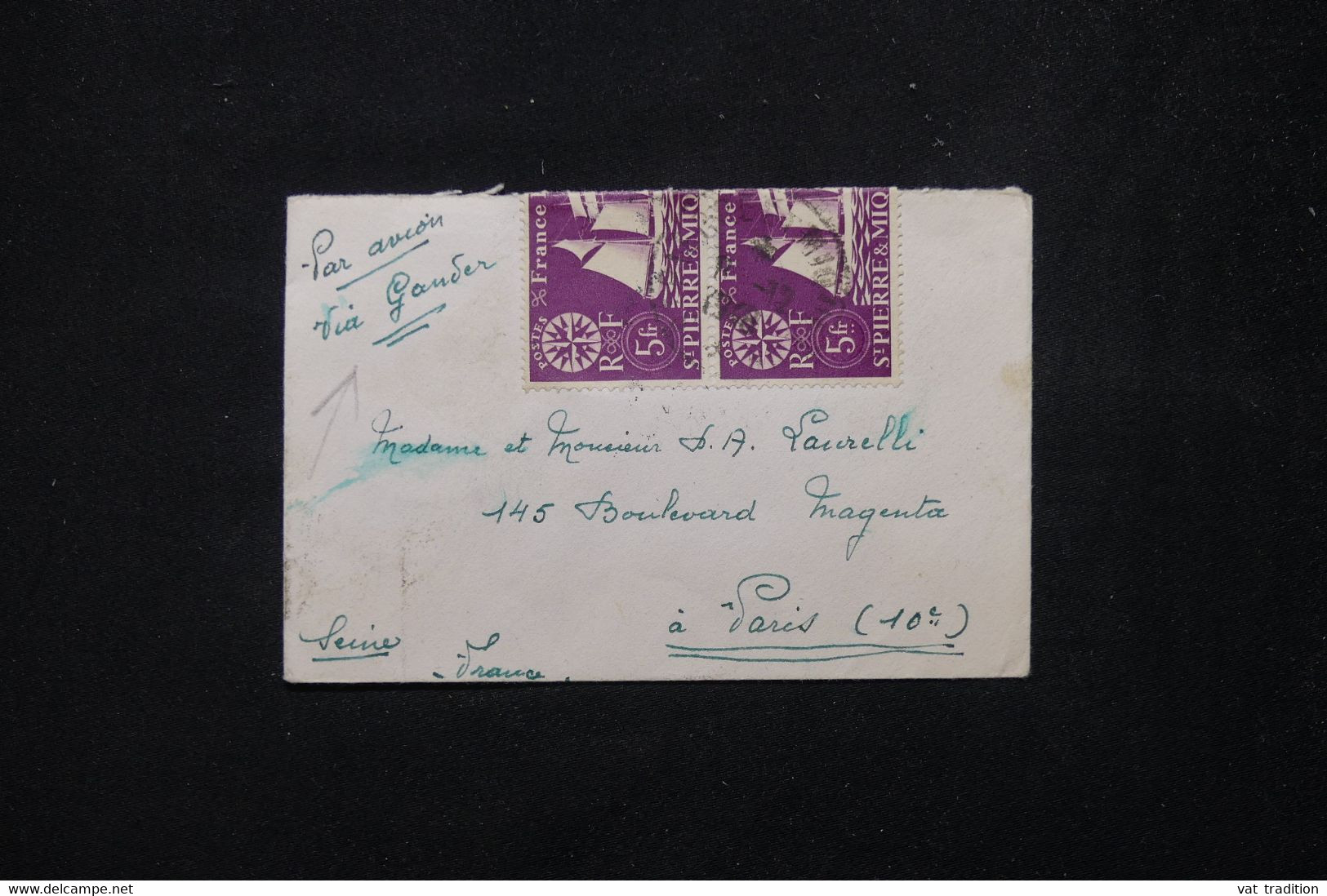 ST PIERRE ET MIQUELON - Petite Enveloppe Par Avion Via Gander Pour Paris En 1948, Affra.  France Libre - L 80579 - Lettres & Documents