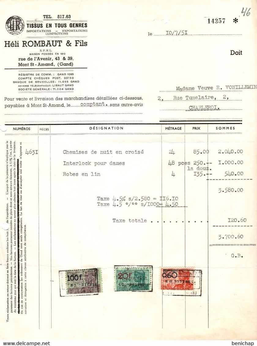 Lingeries - Confections - Tissus En Tous Genres - Héli Rombaut & Fils - Mont St-Amand - Gand - 1951. - Textile & Vestimentaire