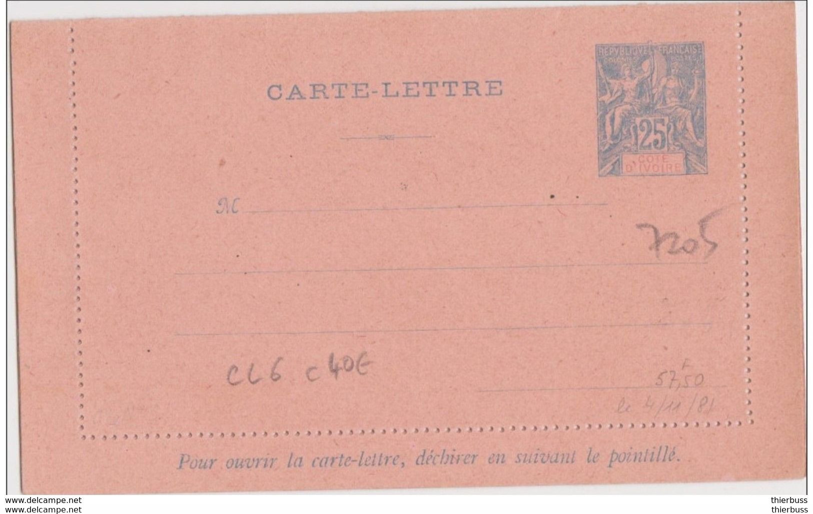 Entier Neuf Carte Lettre Type Groupe 25ct Bleu Cote D'ivoire - Briefe U. Dokumente