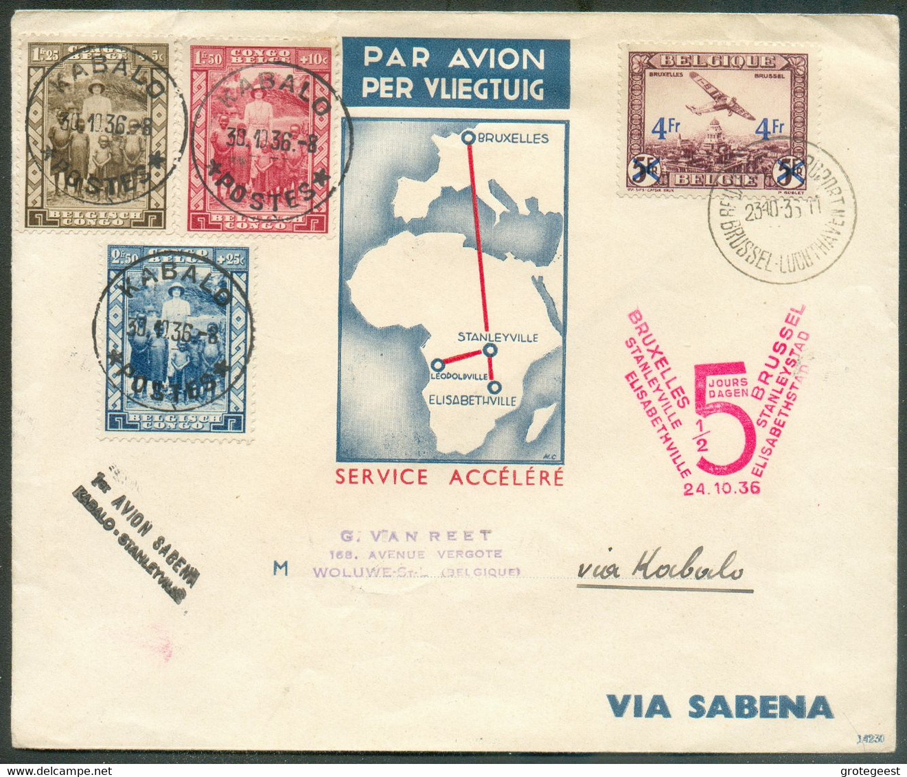 Lettre Affr. Mixte Belgique PA 4Fr./5Fr. + Congo Belge Série Astrid 1Fr.25/2Fr.50 De BRUXELLES 23-10-1936 Et Retour KABA - Covers & Documents