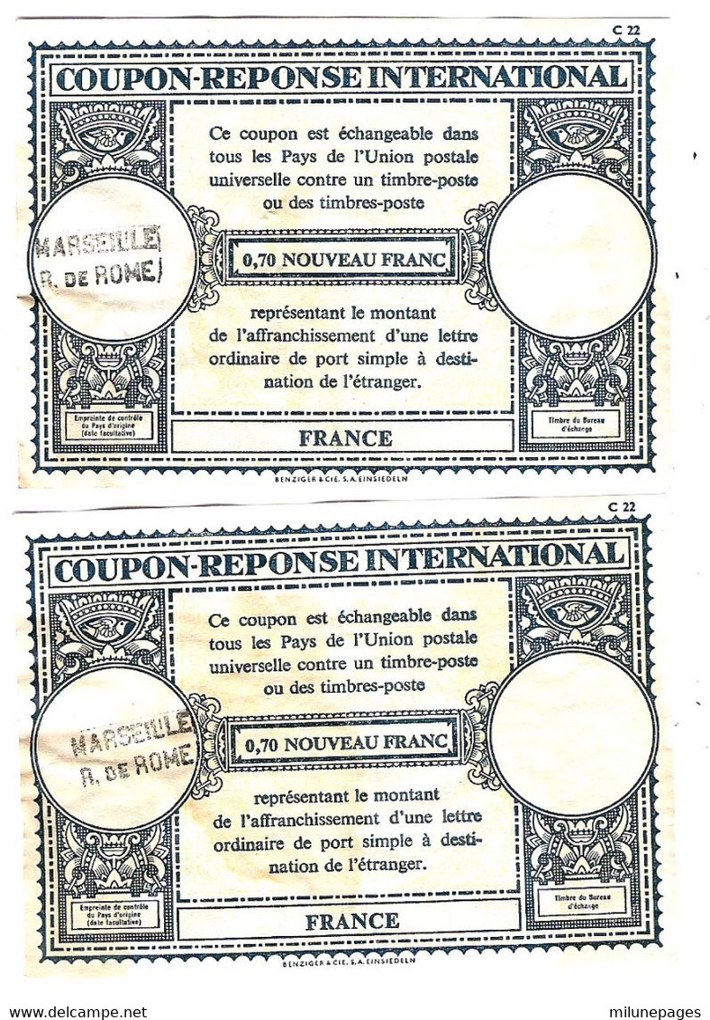 Lot 2 Coupon Réponse International 0.70 Nouveau Franc Marseille Rue De Rome Non Utilisé - Antwoordbons