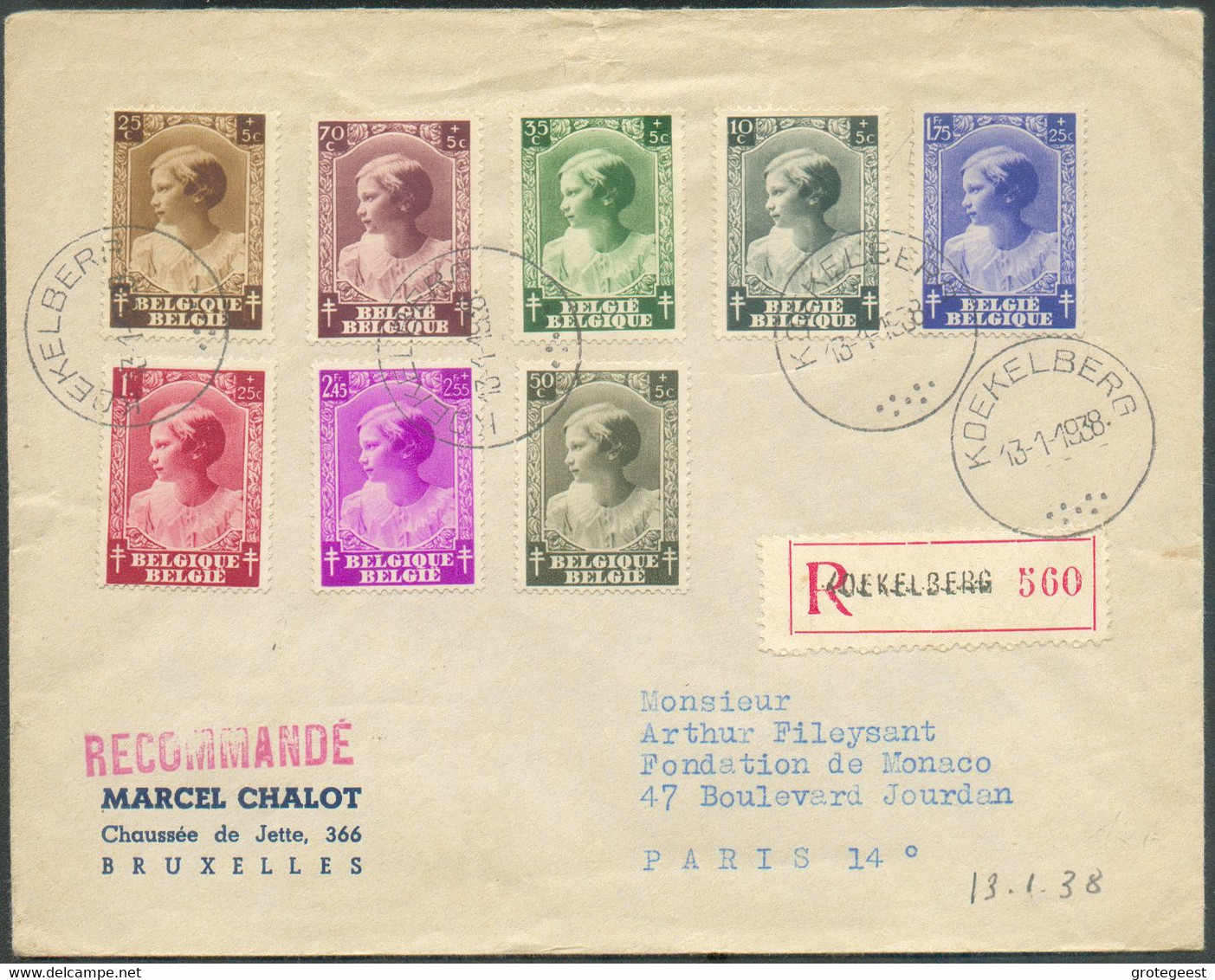 Série JOSEPHINE-CHARLOTTE obl. Sc KOEKELBERG sur Lettre Recommandée Du 13-1-1938 Vers Paris- 16686 - Cartas & Documentos