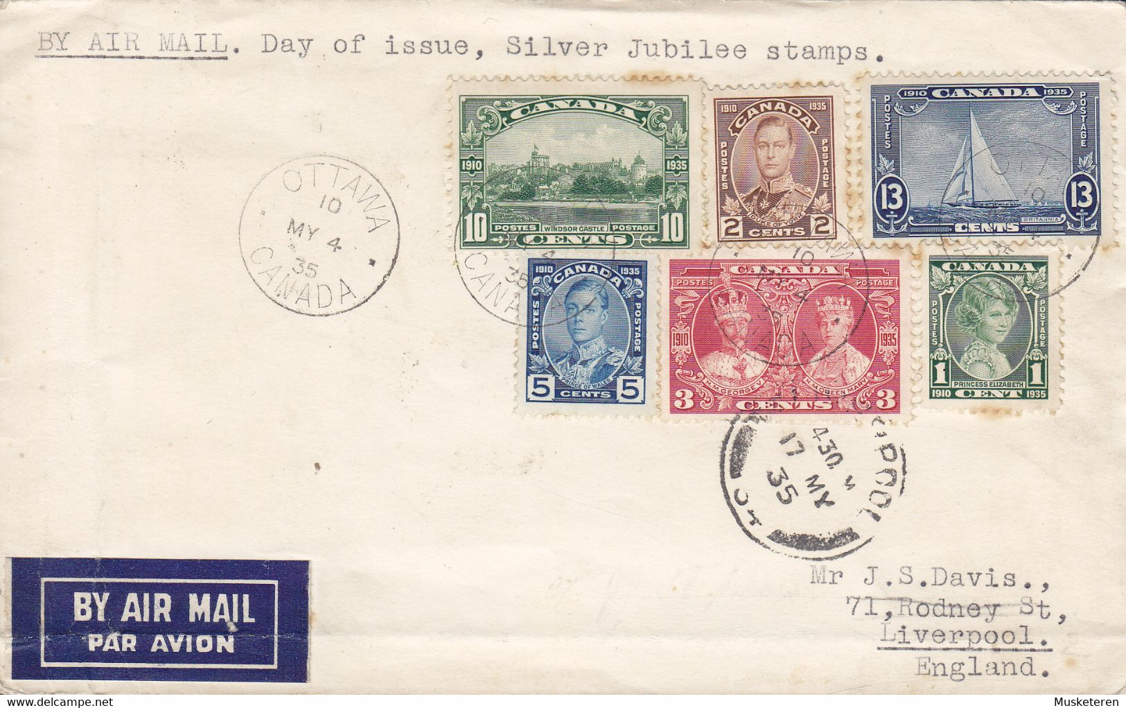 Canada AIR MAIL Label OTTAWA 1935 FDC Cover GV. Silver Jubilee Complete Set Sent To LIVERPOOL England - ....-1951