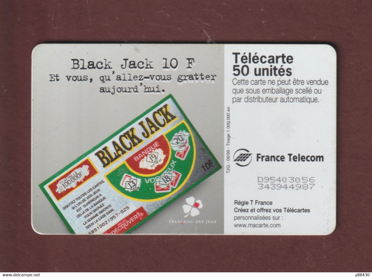 Carte De Téléphone  De 50 Unités De La FRANÇAISE DES JEUX - BLACK JACK  - Année 1999  - 2 Scannes. - Juegos