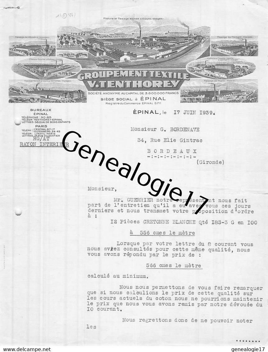 88 1205 EPINAL VOSGES 1939 Groupement Textile V. TENTHOREY Usine Pouxeux Golbey Saulcy Senones Faymont Jarmenil Thann - Textilos & Vestidos