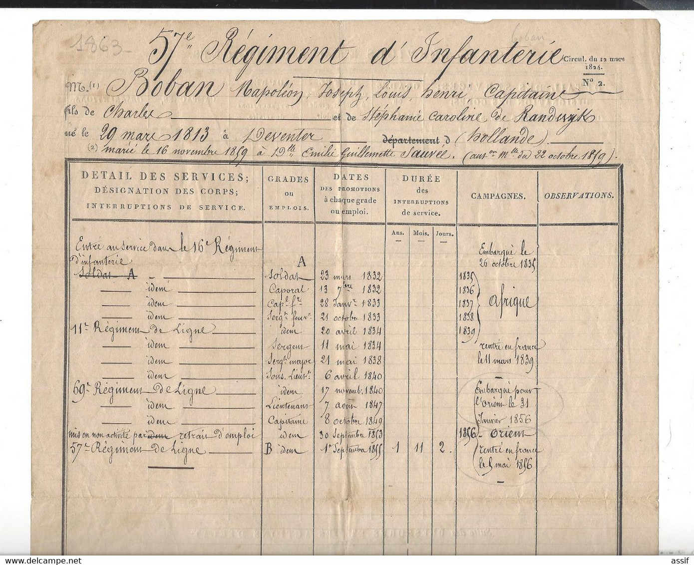 Capitaine  Boban Napoléon Naissance  Déventer 1813 ( Mère De Randwijck )  état Des Services 1832-1867 - Documents Historiques