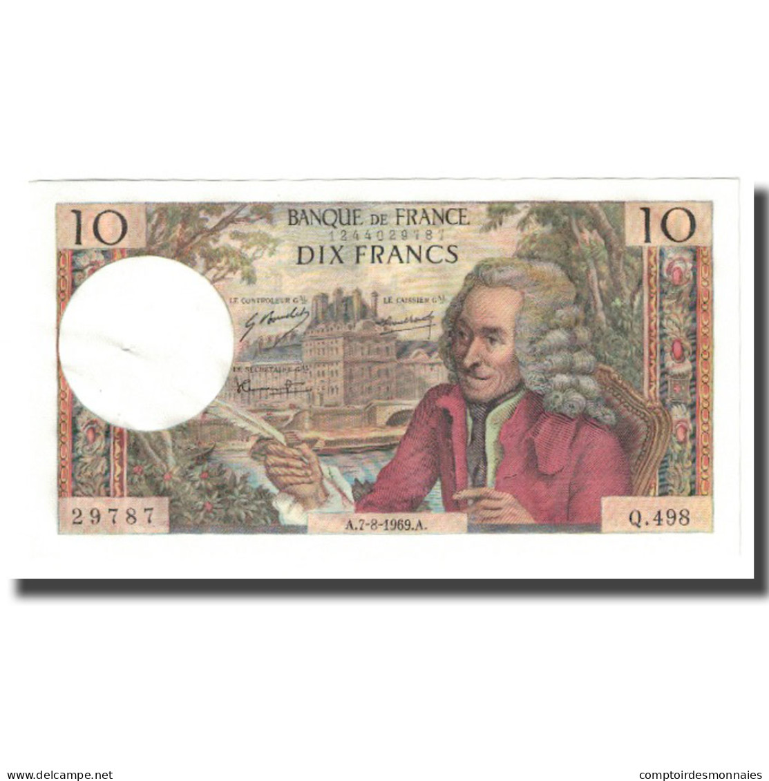 France, 10 Francs, Voltaire, 1969, 1969-08-07, SUP+, Fayette:62.39, KM:147c - 10 F 1963-1973 ''Voltaire''