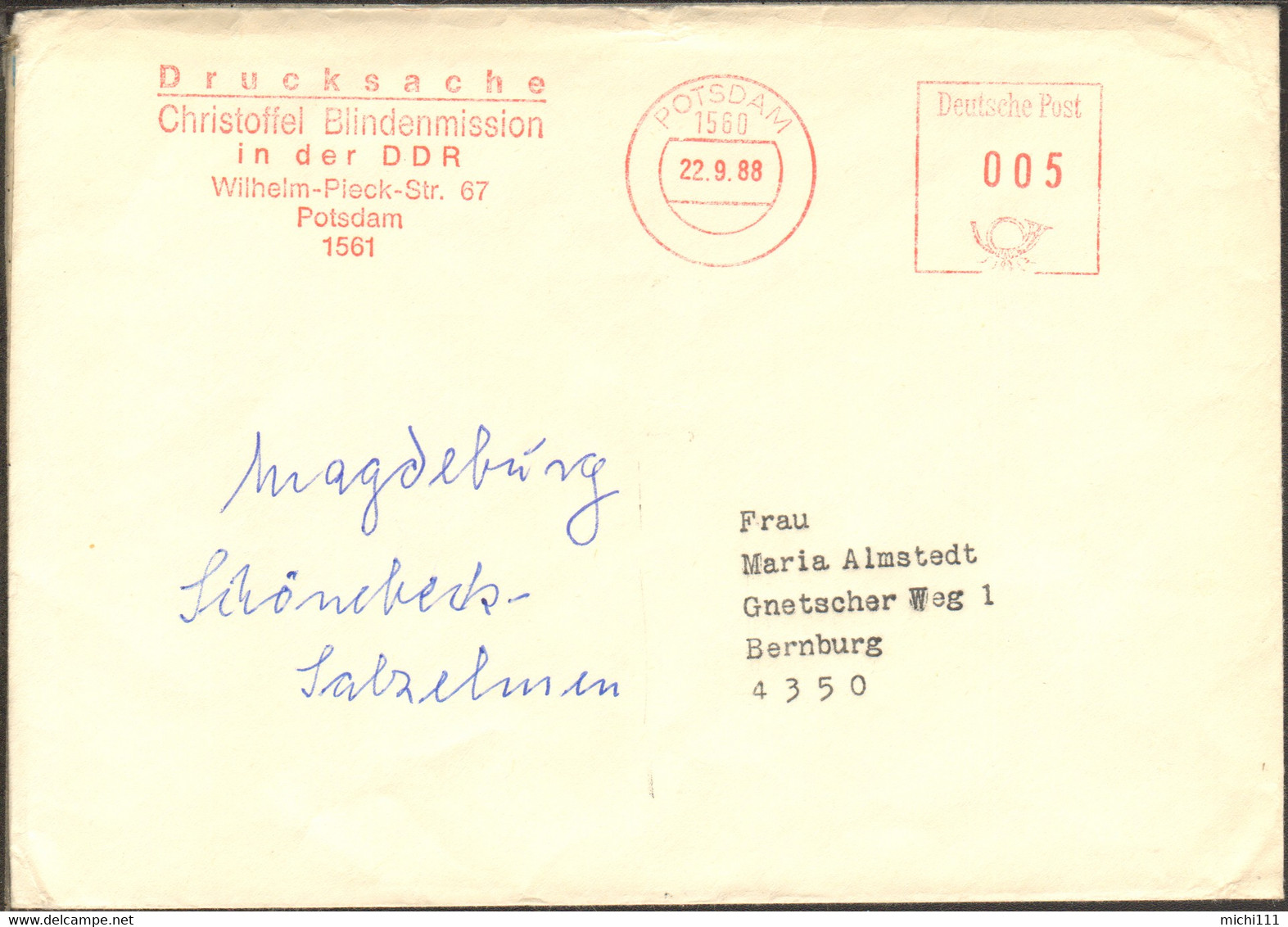 DDR Drucksache Mit Freistempel Der Christoffel Blindenmission Der DDR Potsdam Von 1988 - Covers & Documents