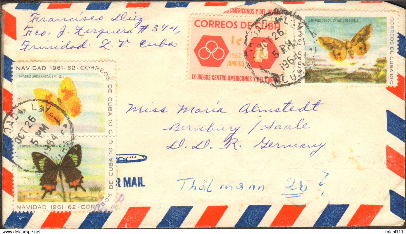 Kuba Luftpostbrief Von 1964  Nach Ostdeutschland - Storia Postale