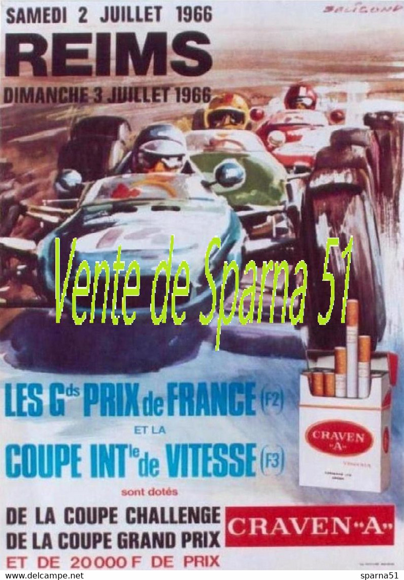 1966 GP De France Formule 2 Reims - Gueux  "Craven A" Affiche A3 Plastifiée - Automobile - F1