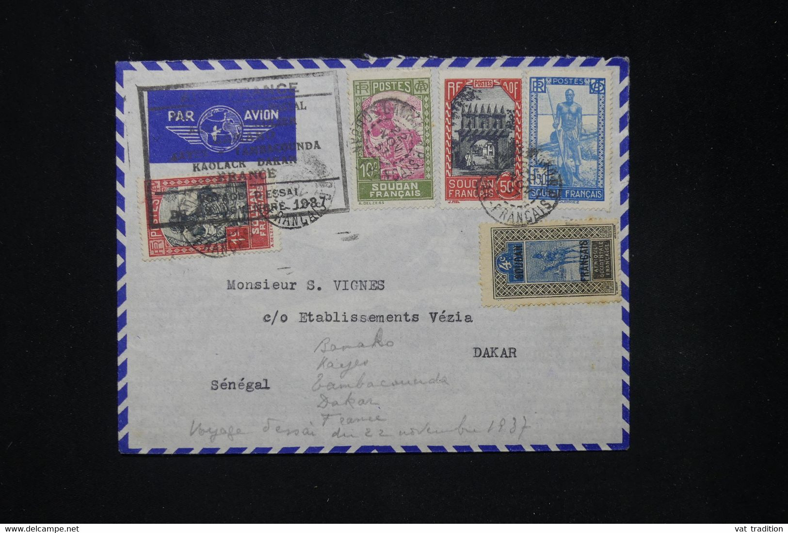 SOUDAN - Enveloppe Air France De Bamako Pour Dakar Par Vol D'Essai En 1937 - L 80688 - Other & Unclassified