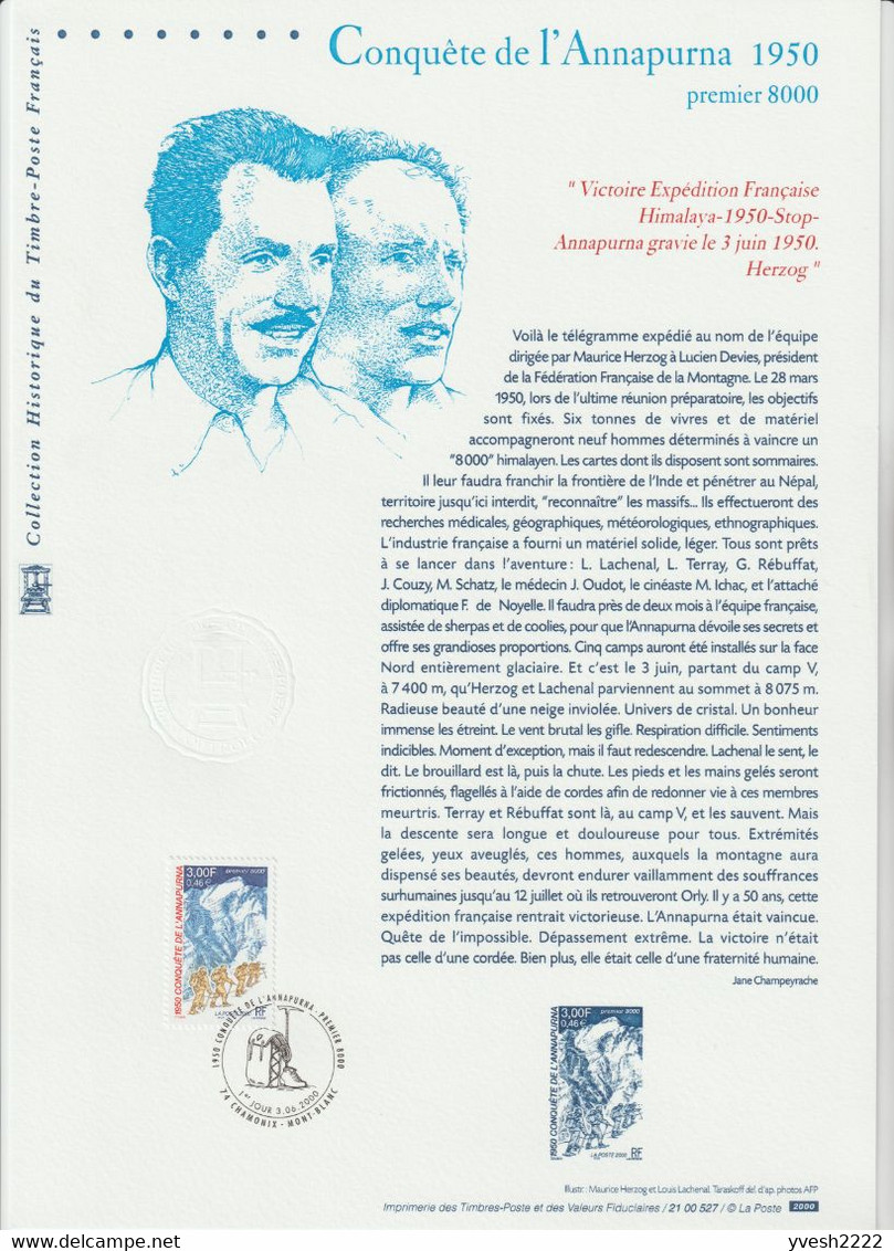 France 2000 Y&T 3331. Document Officiel. Conquête De L'Annapurna 1950, Alpinisme - Montañas
