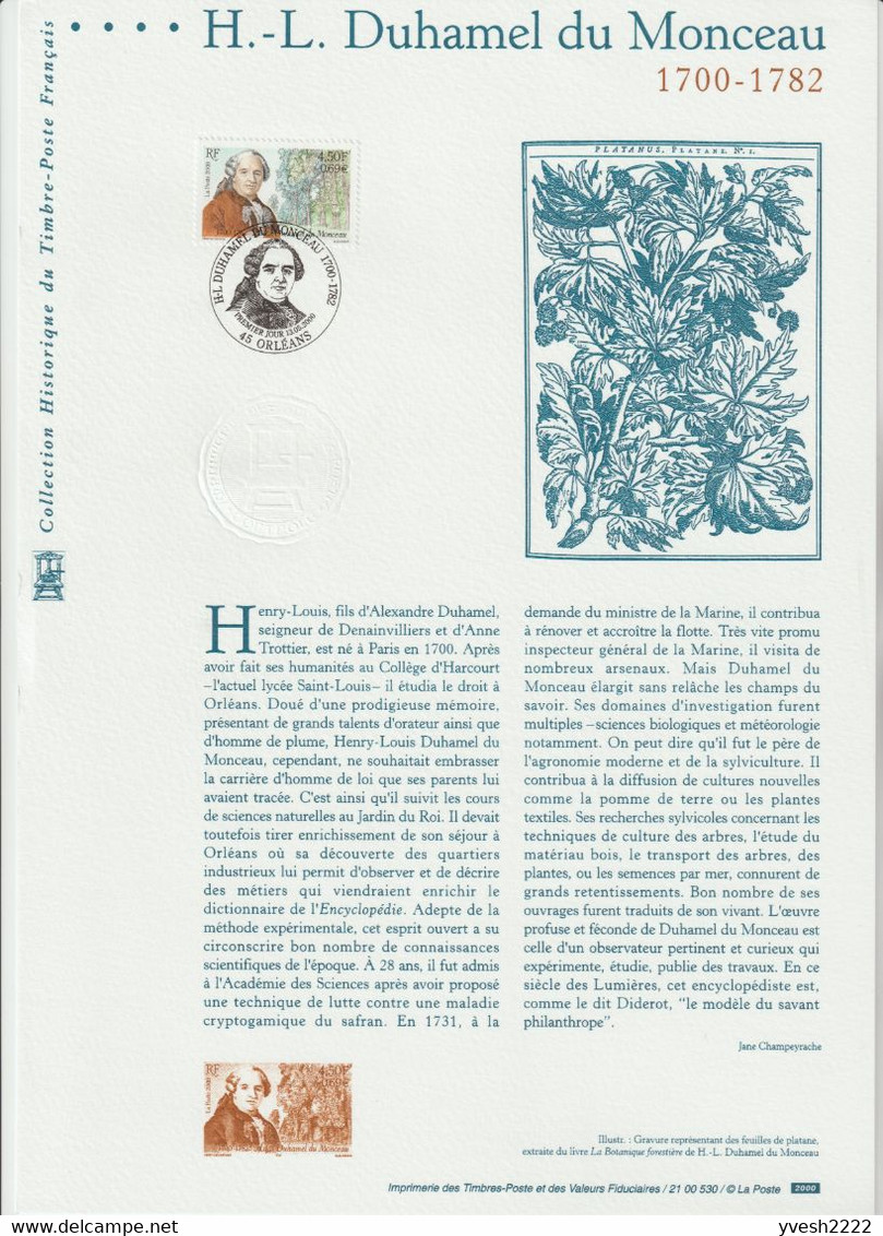 France 2000 Y&T 3328. Document Officiel. Henri-Louis Duhamel Du Monceau, Ingénieur Et Agronome - Agriculture