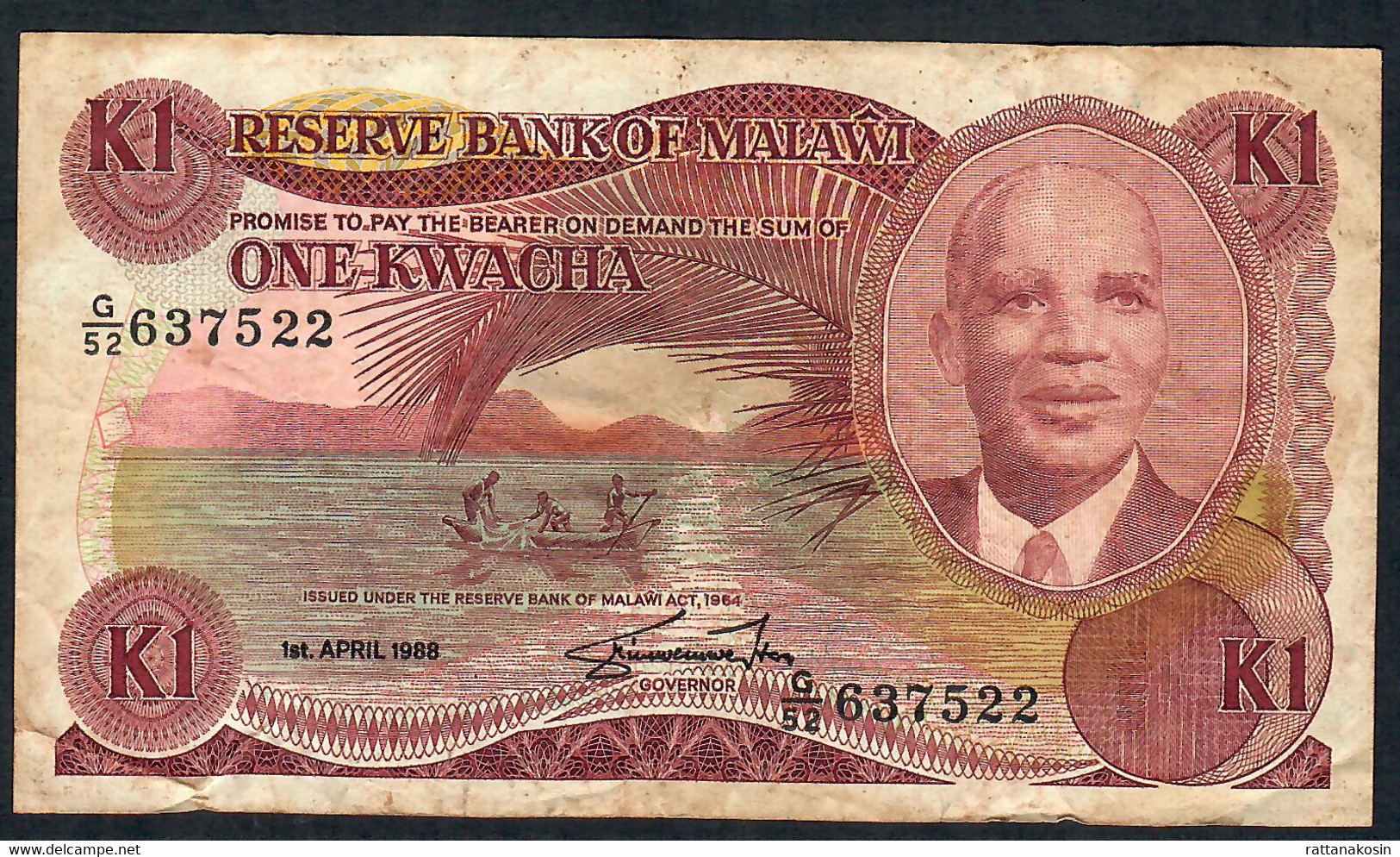 MALAWI P19b 1 KWACHA 1988 #G/52     VF  NO P.h. - Malawi