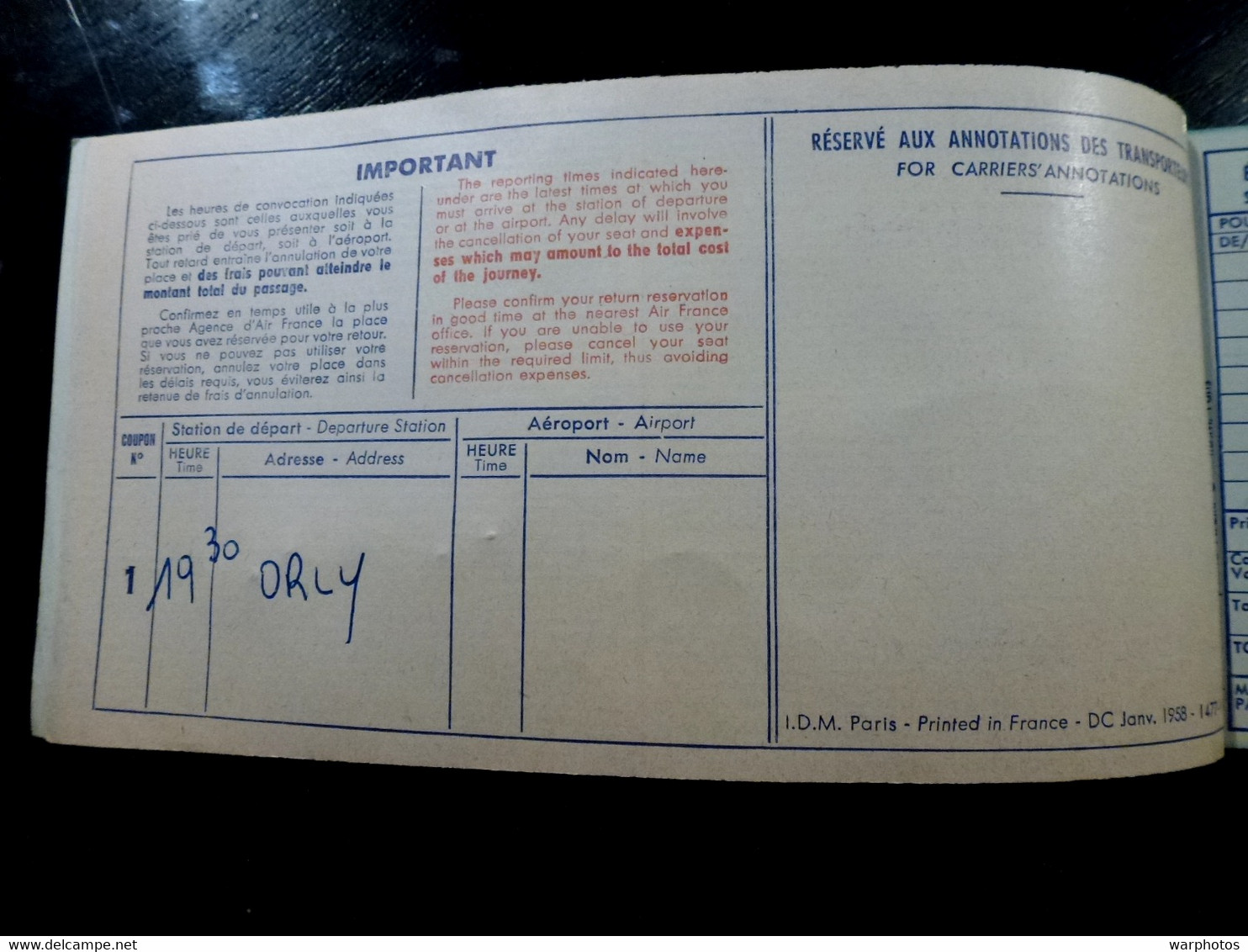 CARTE D'EMBARQUEMENT : 1961 _ AIR FRANCE _ PARIS - NIMES _ Départ ORLY - Instapkaart