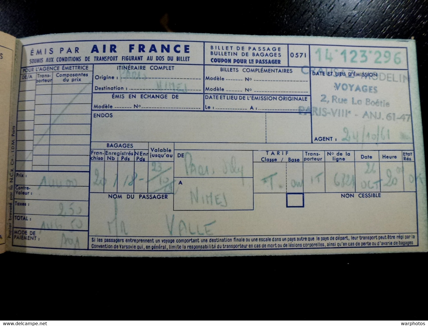 CARTE D'EMBARQUEMENT : 1961 _ AIR FRANCE _ PARIS - NIMES _ Départ ORLY - Boarding Passes