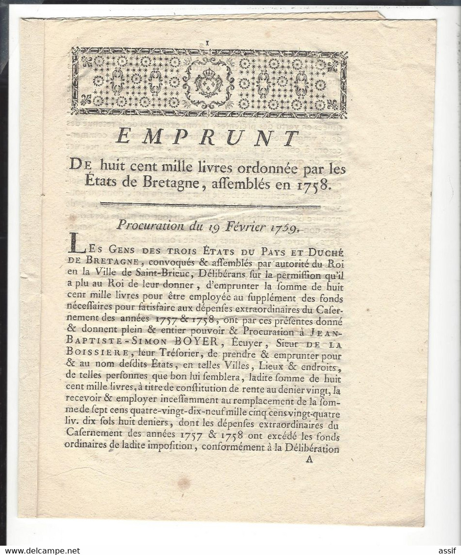 Bretagne 4 Imprimés  ( 3 : 1754  ,1758, 1759 - 1 : 1786  ) Rennes -Parlement - Etats - Affiches