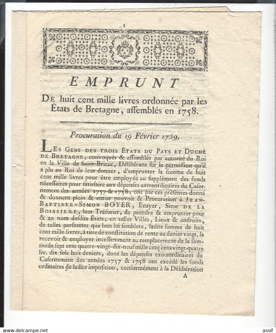 Bretagne 4 Imprimés  ( 3 : 1754  ,1758, 1759 - 1 : 1786  ) Rennes -Parlement - Etats - Manifesti