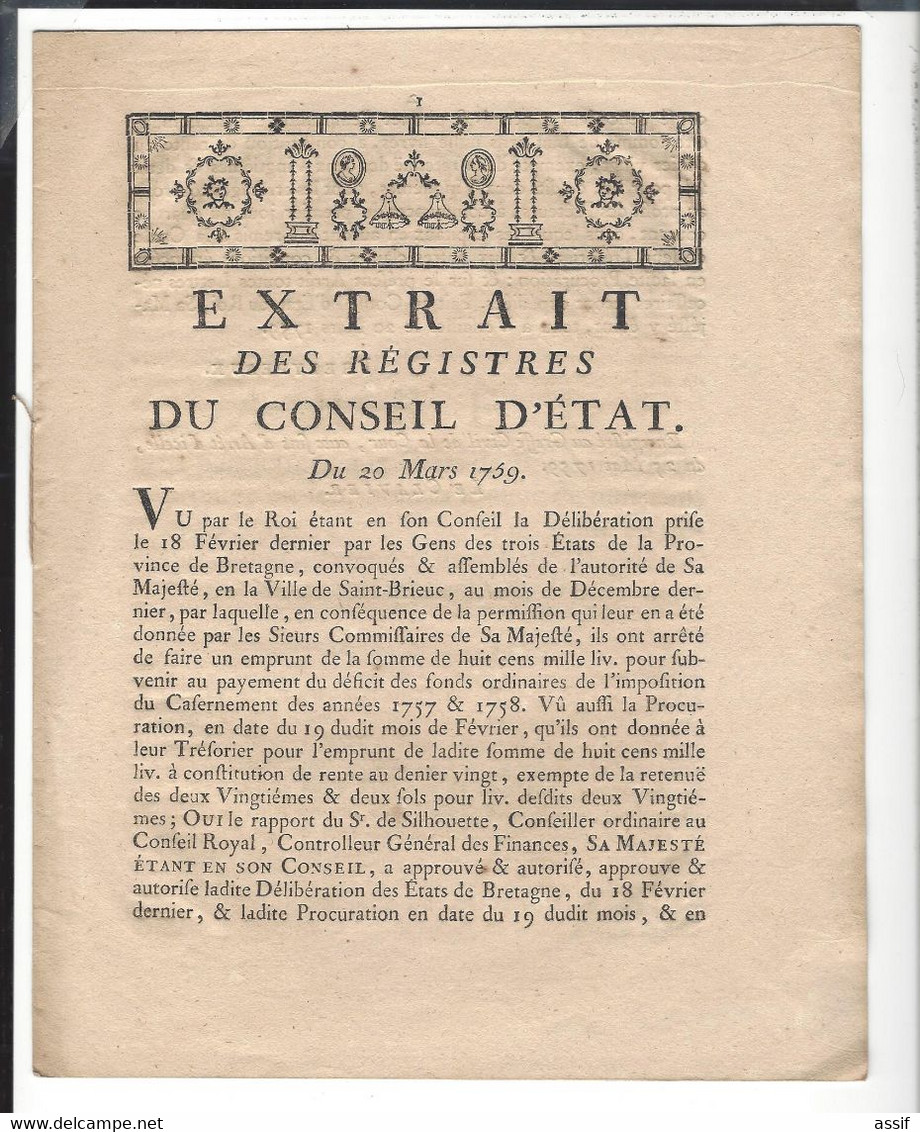 Bretagne 4 Imprimés  ( 3 : 1754  ,1758, 1759 - 1 : 1786  ) Rennes -Parlement - Etats - Plakate