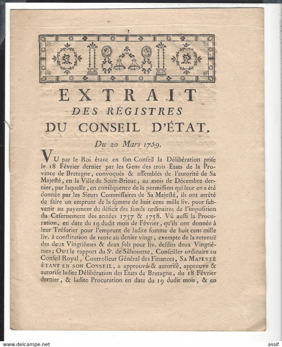 Bretagne 4 Imprimés  ( 3 : 1754  ,1758, 1759 - 1 : 1786  ) Rennes -Parlement - Etats - Affiches