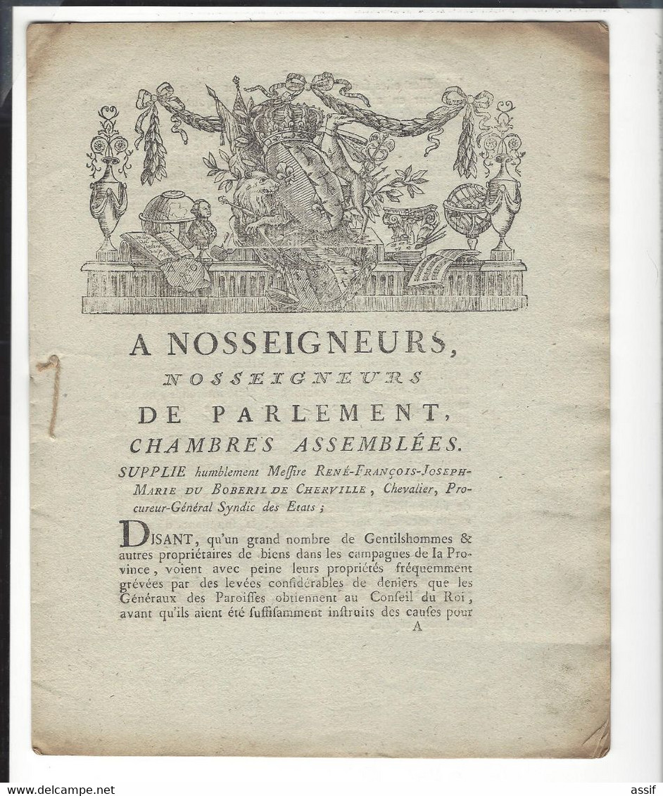 Bretagne 4 Imprimés  ( 3 : 1754  ,1758, 1759 - 1 : 1786  ) Rennes -Parlement - Etats - Affiches