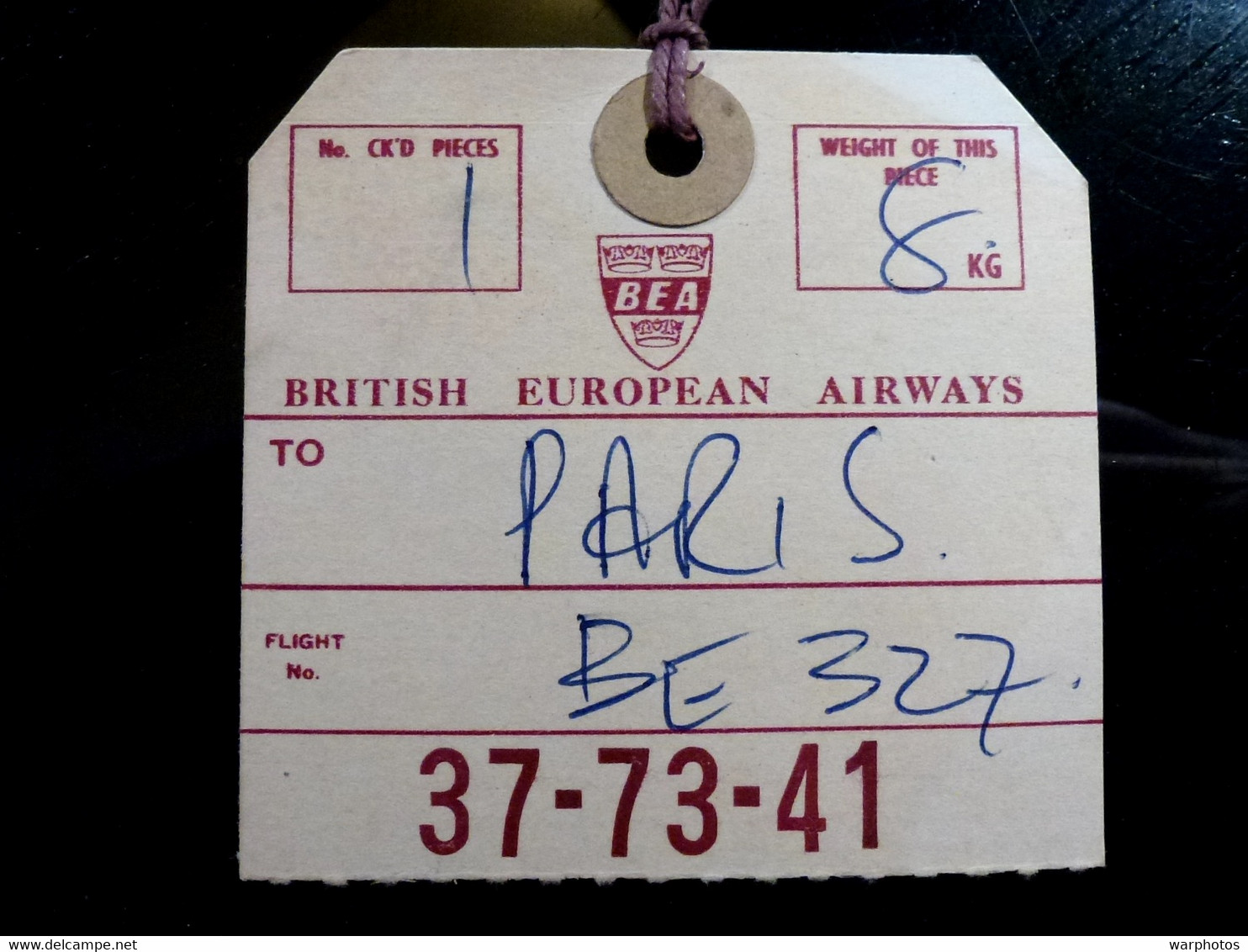 TICKET BAGAGE : BRITISH AIRWAYS _ IDENTIFICATION _ TO PARIS _ VOL BE 327 - Baggage Labels & Tags
