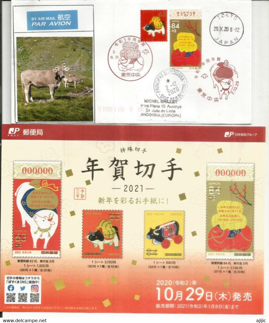 Joyeux Nouvel An 2021 Année Du Bœuf, Vache. Belle Lettre De Tokyo Adressée Andorra,avec Timbre à Date Arrivée - Brieven En Documenten