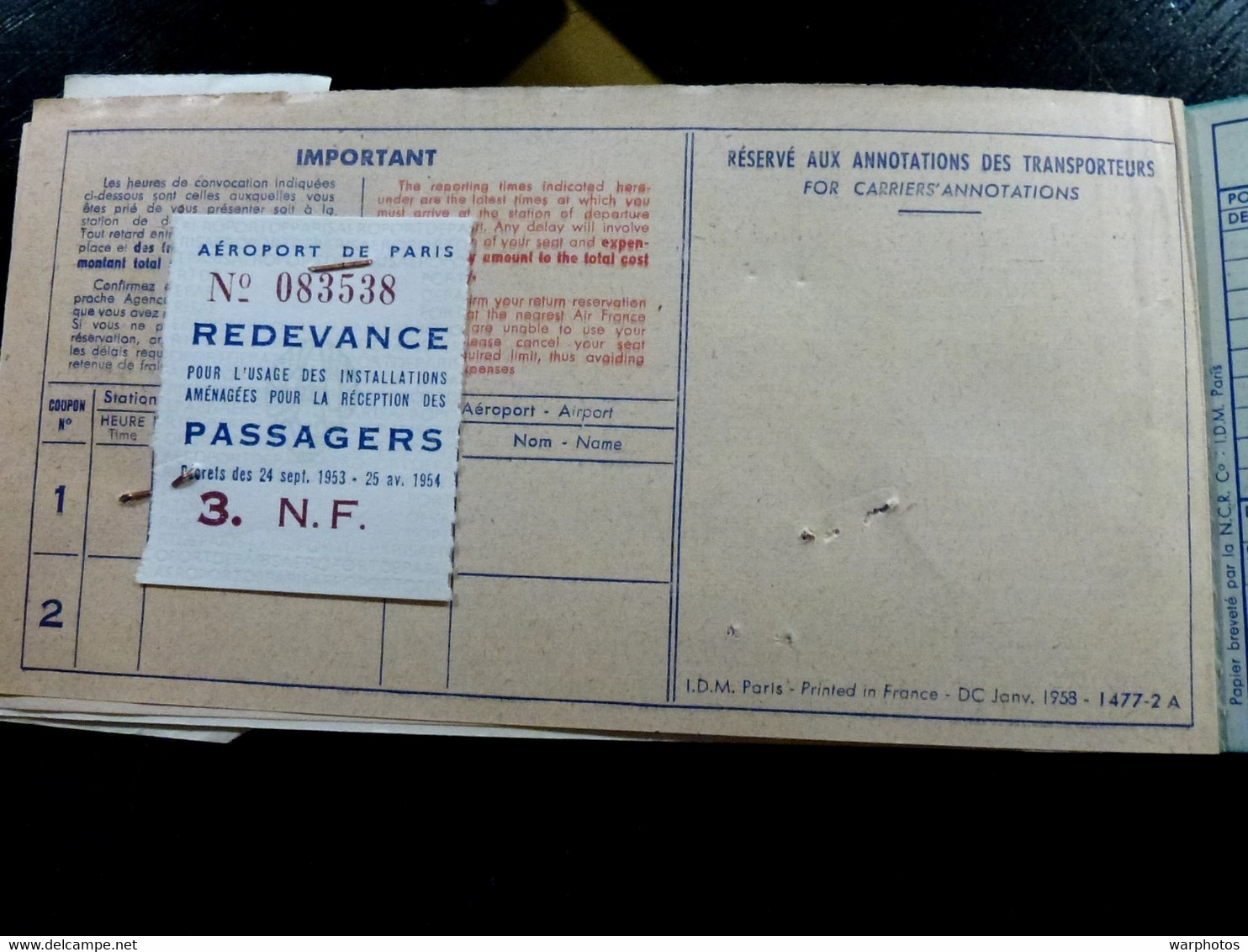 CARTE D'EMBARQUEMENT : AIR FRANCE  _ 1960 + REDEVANCE 300 Francs - Carte D'imbarco