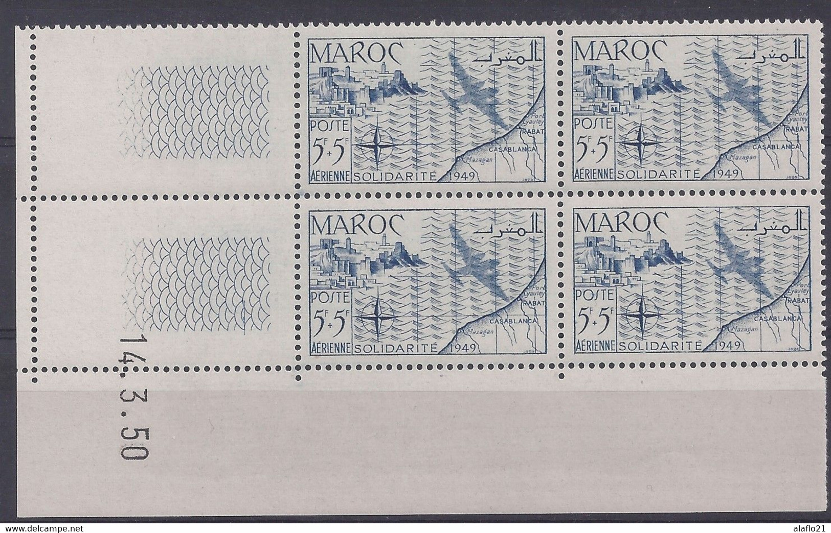 MAROC - PA N° 75 - SOLIDARITE - Bloc De 4 COIN DATE NEUF SANS CHARNIERE 14/3/50 - 1950-1959