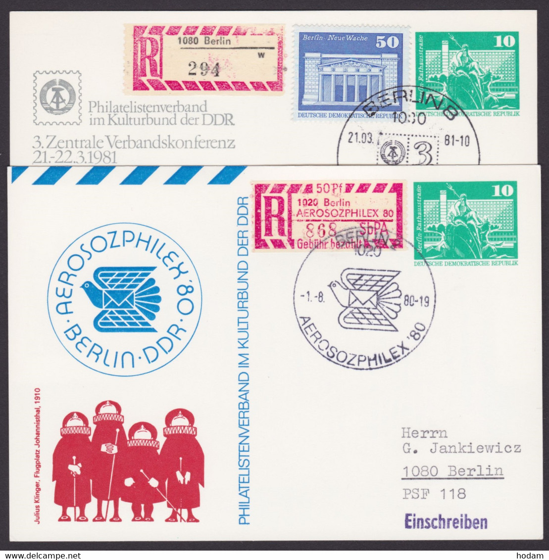 Mi-Nr. PP16, 2 Versch. Karten Als R- Ortskarte "Berlin", Pass. Zusatzfr., 1x Sonder-SbPA-R-Zettel - Cartes Postales Privées - Oblitérées