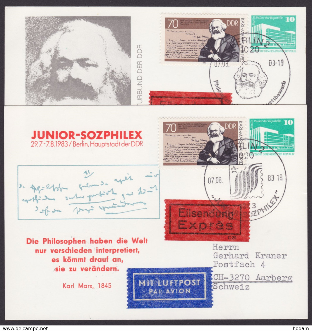 Mi-Nr. PP18, 2 Versch. Karten Mit Guter Zusatzfr. Als Eilboten- Luftpost In Die Schweiz, Mit Ankunft - Private Postcards - Used