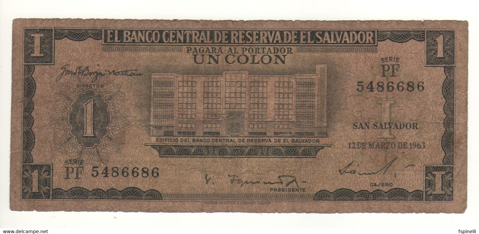 EL SALVADOR  1 Colon   P100a  ( 1963   Banco Central On Front - Cristopher  Columbus On Back) - Salvador