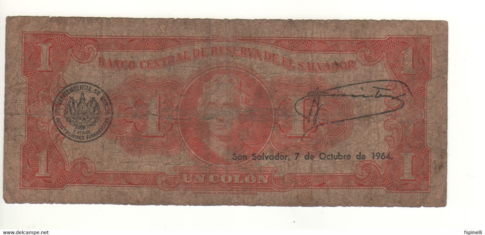 EL SALVADOR  1 Colon   P100a  ( 1963   Banco Central On Front - Cristopher  Columbus On Back) - Salvador