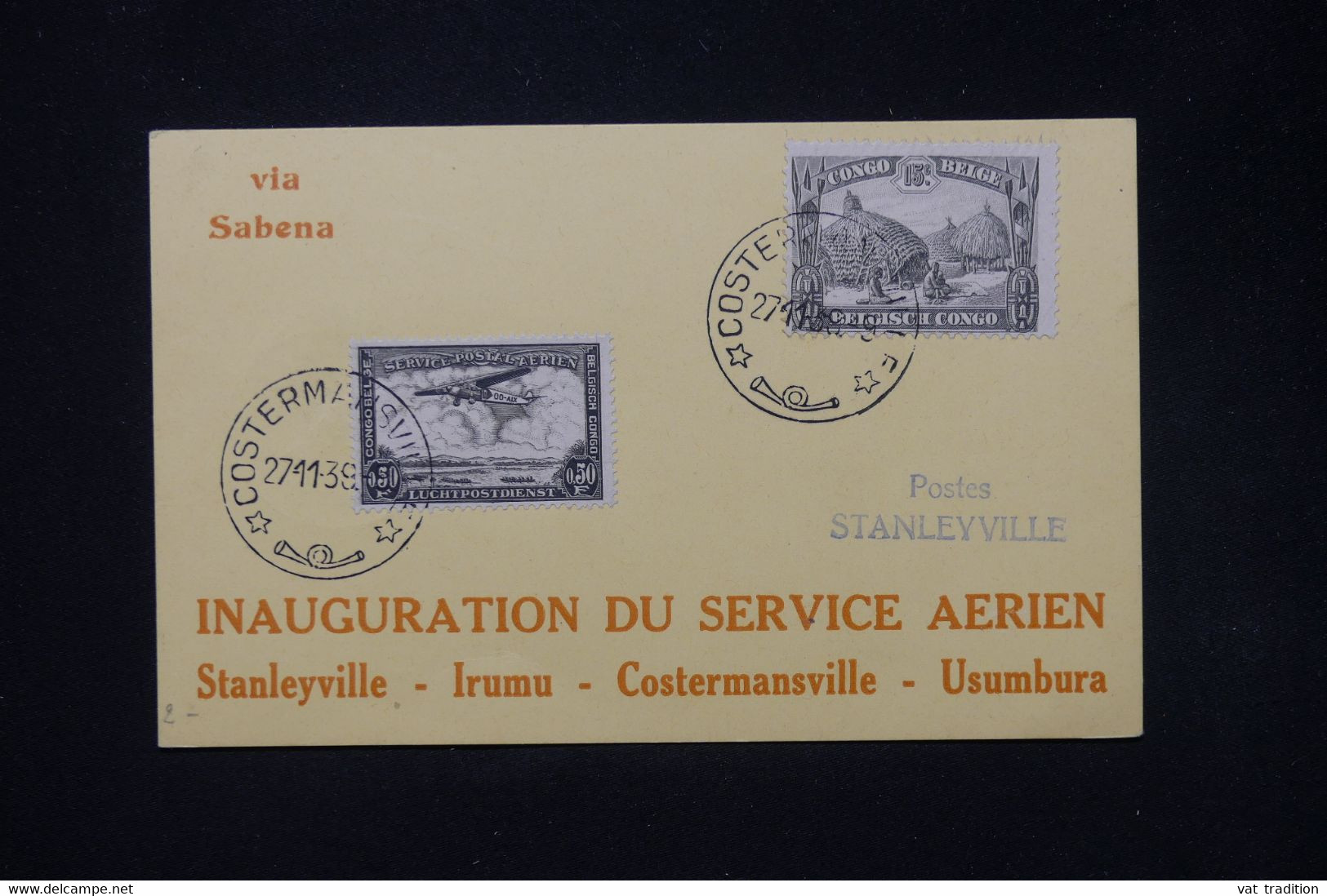 CONGO BELGE - Carte De L 'Inauguration Du Service Aérien Costermansville / Stanleyville En 1939 - L 80717 - Lettres & Documents