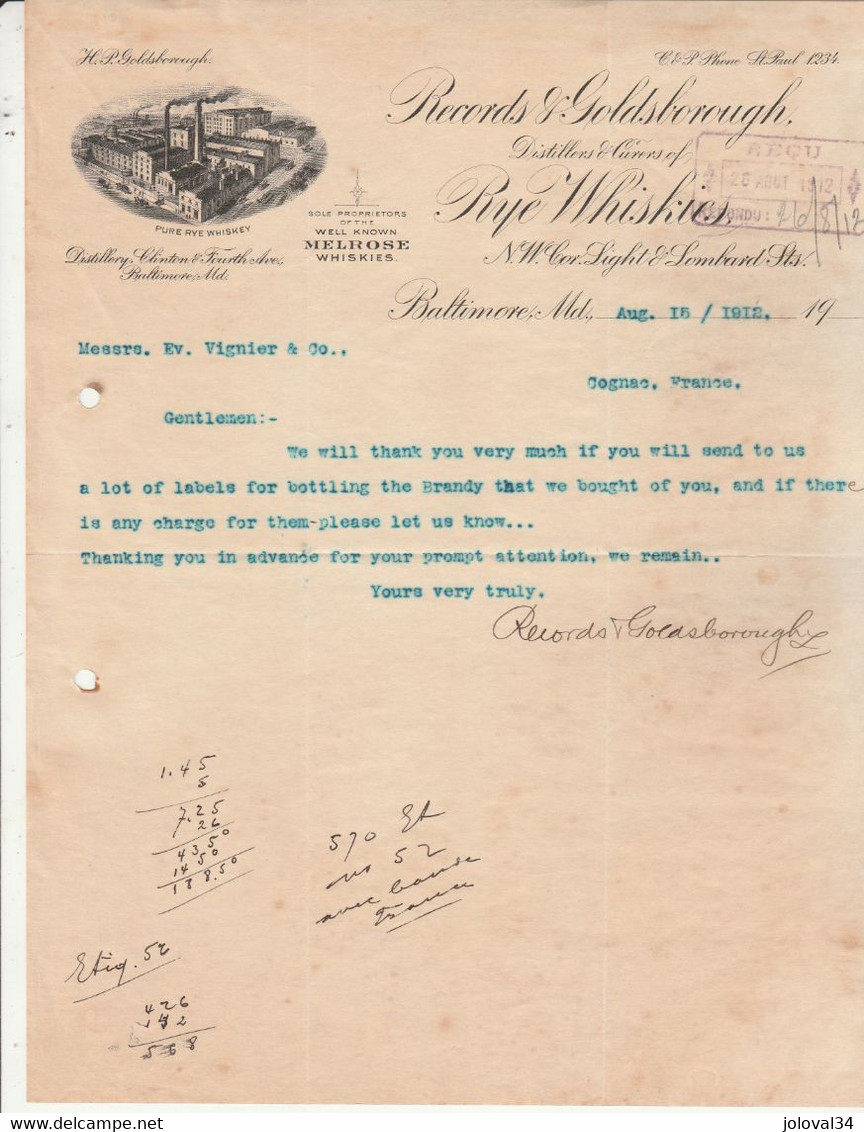 Lettre Illustrée 15/8/1912 Records GOLDSBOROUGH Distillrers Rye Whiskies BALTIMORE Etats Unis - USA