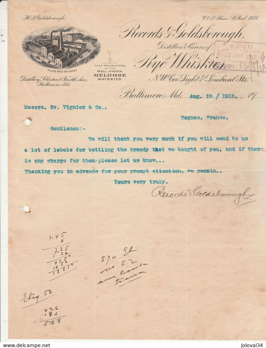 Lettre Illustrée 15/8/1912 Records GOLDSBOROUGH Distillrers Rye Whiskies BALTIMORE Etats Unis - Etats-Unis