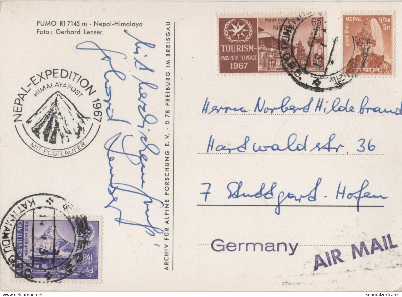 AK Pumo Ri Pumori Expedition 1967 Gerhard Lenser Himalaya Himalayas Nepal Unterschrift Signature Stempel Briefmarke - Nepal